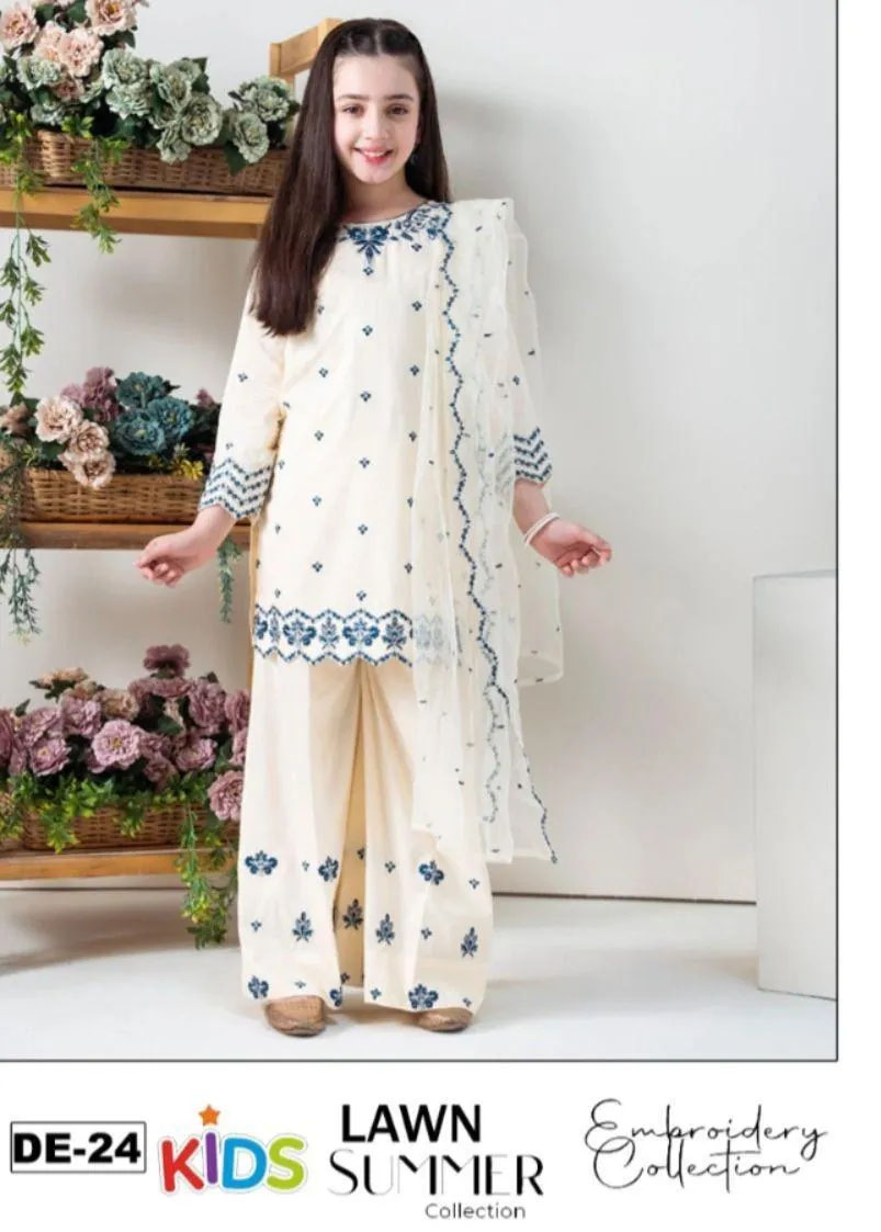 3 Pcs Girl's Lawn Embroidered Unstitched Suit
