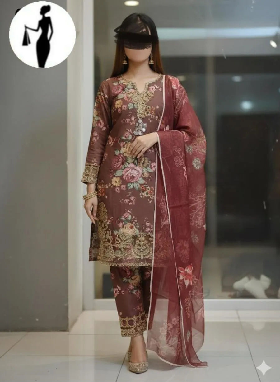 3 Pcs Women's Stitched Crinkle Chiffon Printed Suit