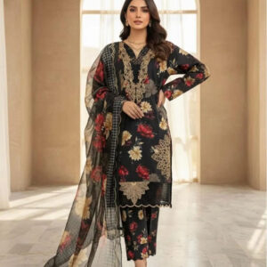 3 Pcs Women's Stitched Dobby Lawn Plain Suit