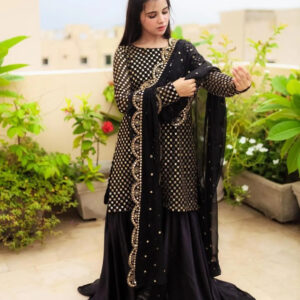 3 Pcs Women’s Stitched Chiffon Sequins Embroidered Gharara Shirt