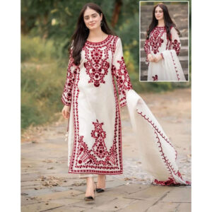 3 Pcs Women's Stitched Organza Embroidered Suit