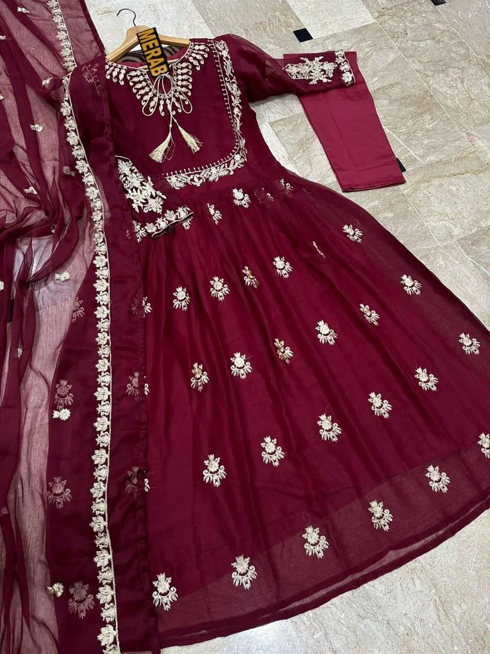 3 Pcs Women's Stitched Chiffon Embroidered Maxi Suit