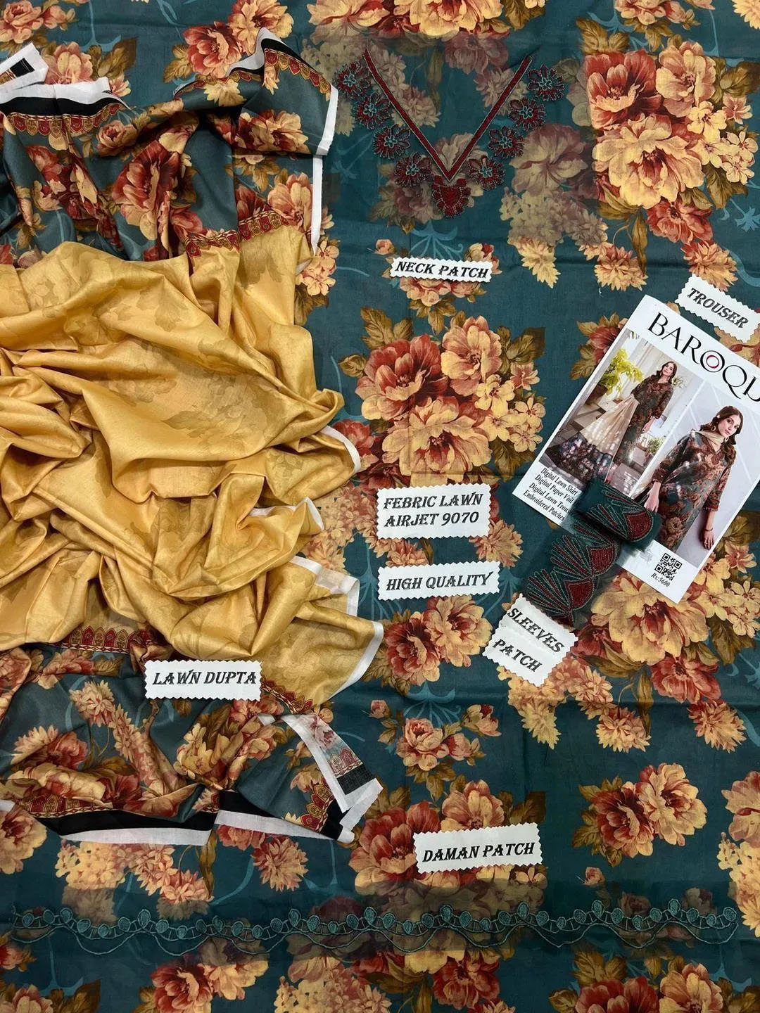 3 Pcs Women's Unstitched Printed Embroidered Suit