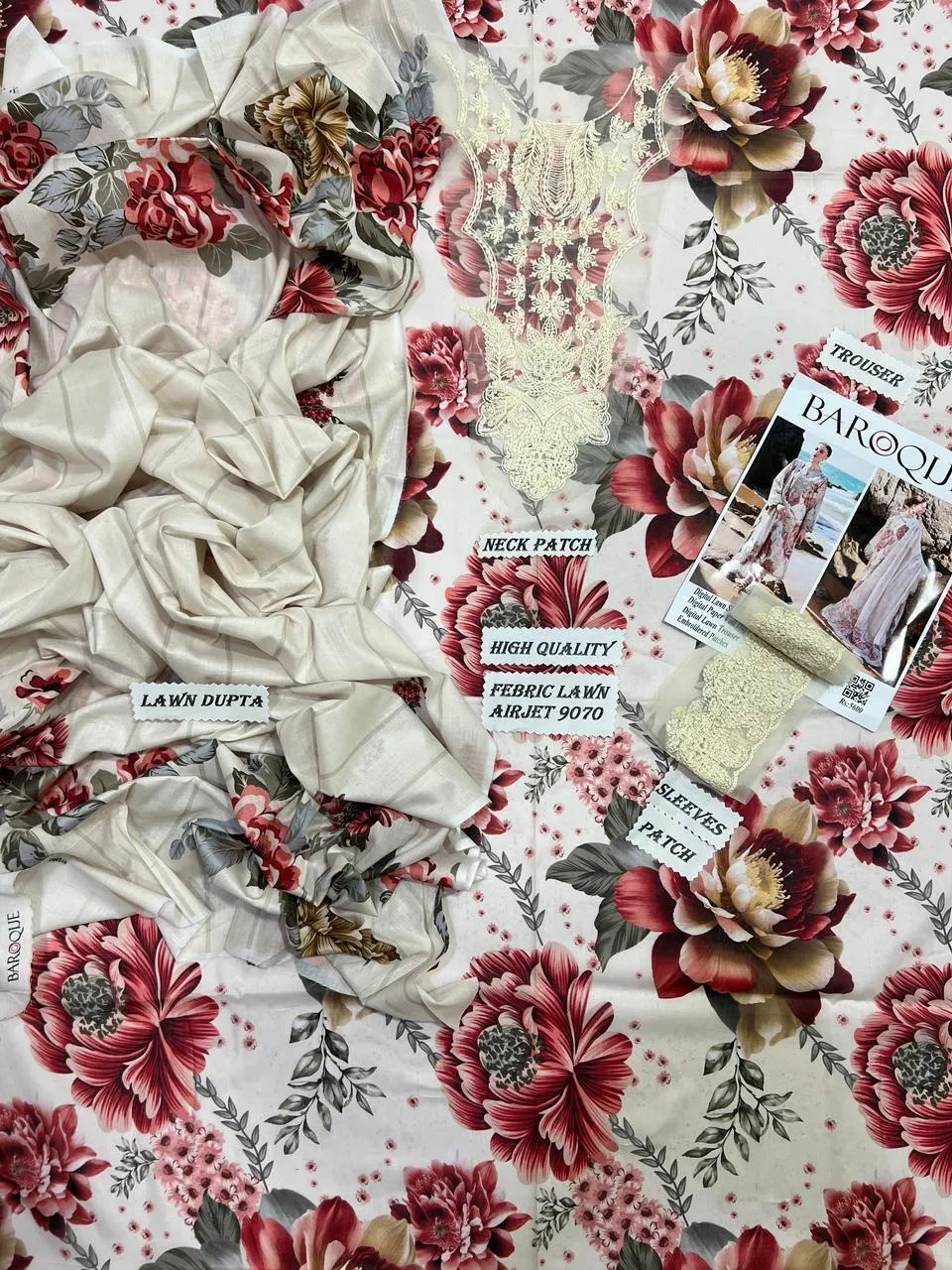 3 Pcs Women's Unstitched Printed Embroidered Suit