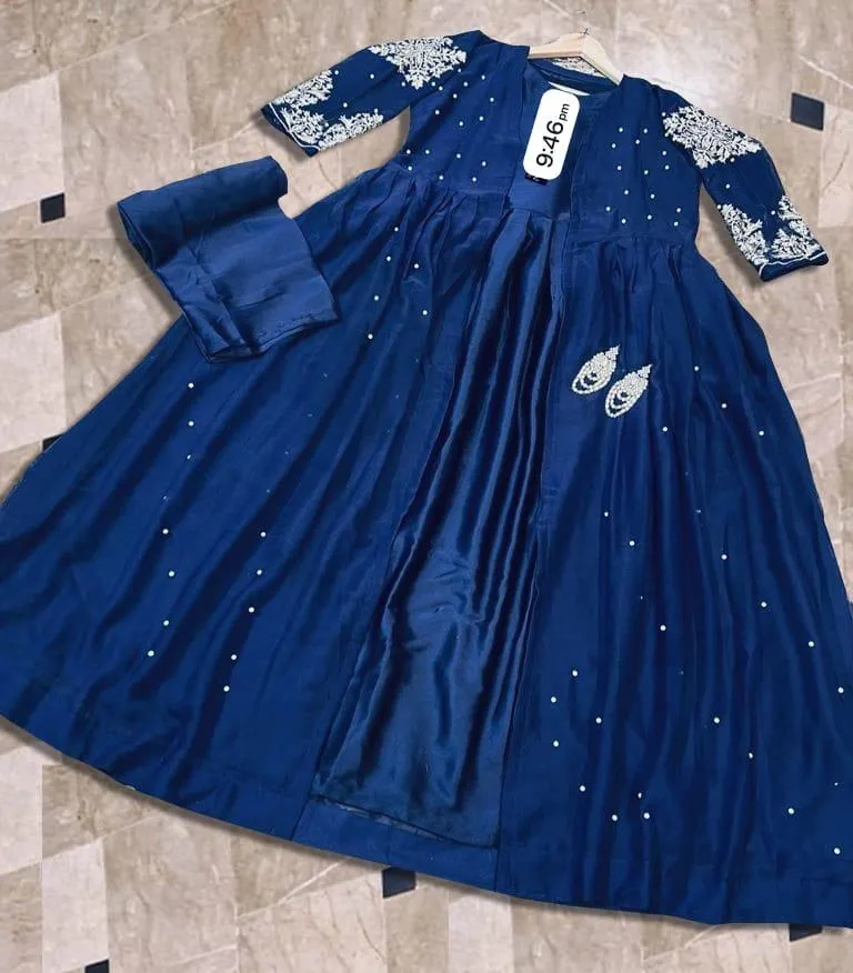 3 Pcs Women's Stitched Shamoz Silk Plain Gown Suit