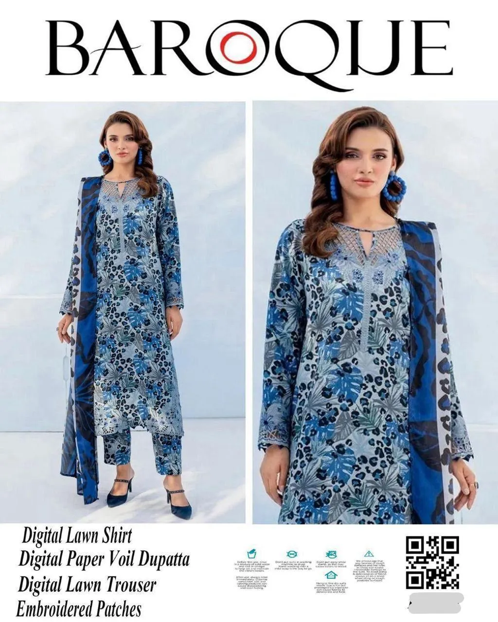 Blue Lawn Suit, 3 Pcs Embroidered Suit, Printed & Embroidered Lawn Dress, Women Eid Dress, Lawn Suit with Patch Work, Summer Printed Suit, Ladies Festive Wear, Unstitched Lawn Suit, Eid Special Women Dress, Affordable Lawn Suit for Eid