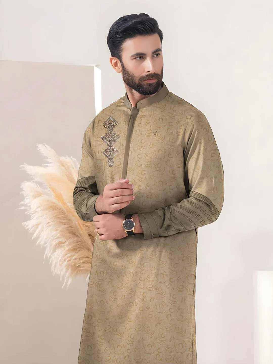 Men’s Unstitched Cotton Embroidered Suit