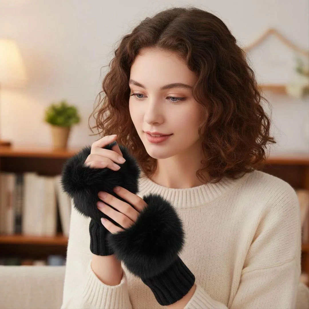 Warm Fingerless Gloves - 1 Pair Wool & Fur Fingerless Gloves Women's Winter Accessory in Black Color