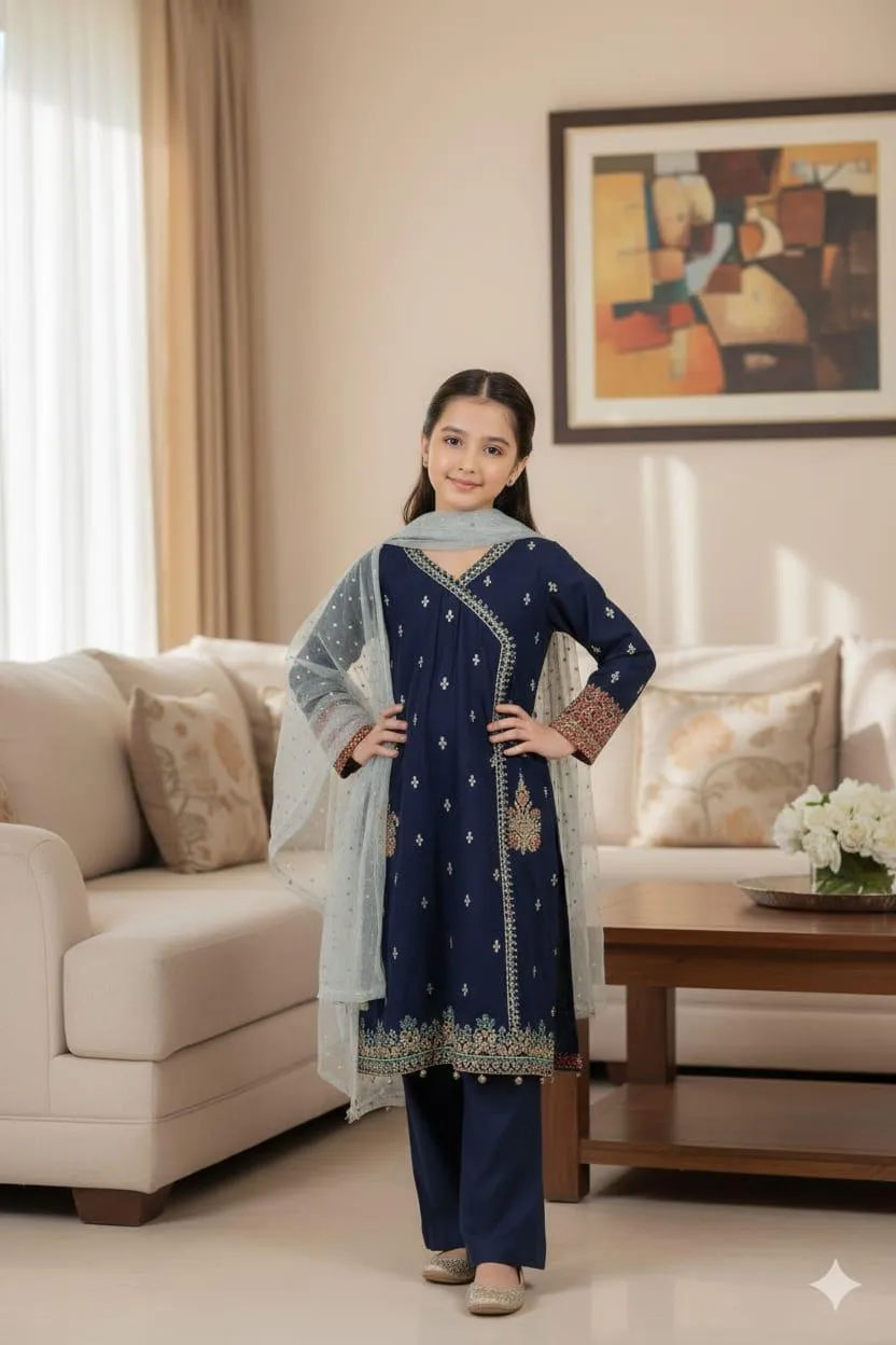 3 Pcs Girl's Lawn Embroidered Unstitched Suit