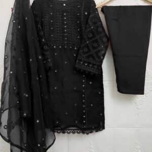 3 Pcs Girl's Chiffon Embroidered Kurta And Shalwar Suit