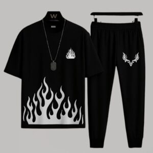 Black Flame Print Men's 2Pcs Track Suit Set