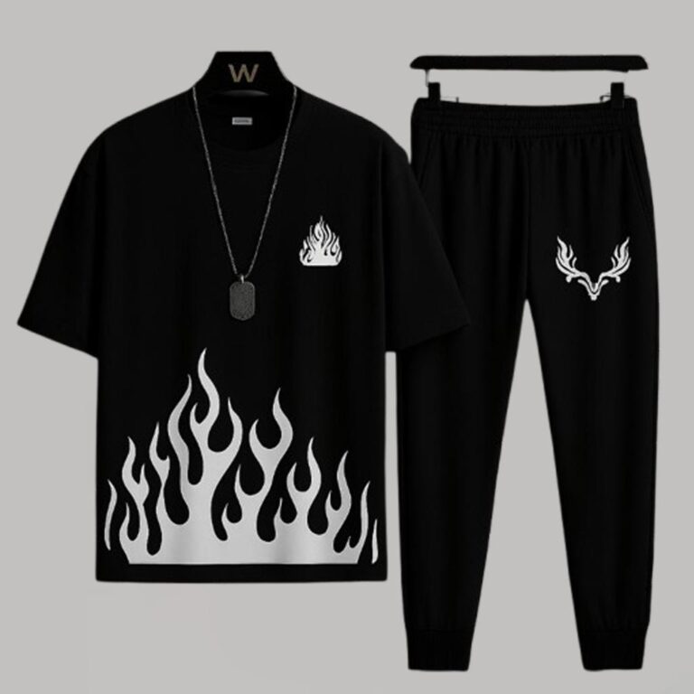 Black Flame Print Men's 2Pcs Track Suit Set
