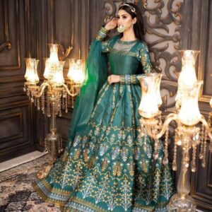 Green Katan Silk Digital Print Maxi Suit Set for Eid